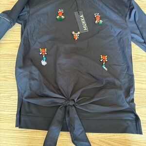 Black 3/4 Sleeve Tie Front Sweatshirt with Embellishments